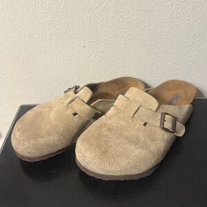 Birkenstock Tan Suede Slip-On Clogs with Buckle